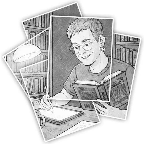A pencil-drawn fan of snapshots: Brian in round glasses smiling over an open volume of Talmud, writing by lamplight, with library shelves behind